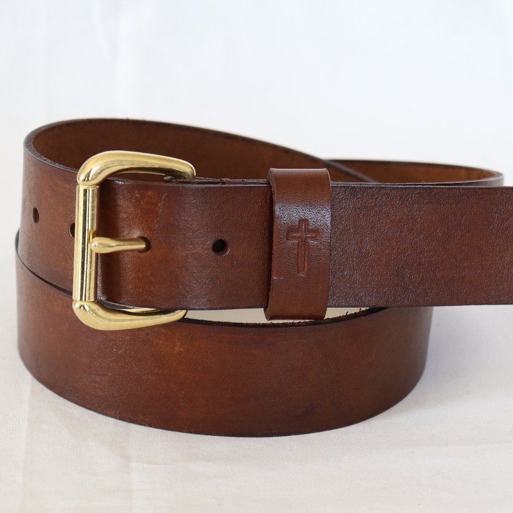 37" Handmade leather belt 100% cowhide brown plain embossed cross full grain T